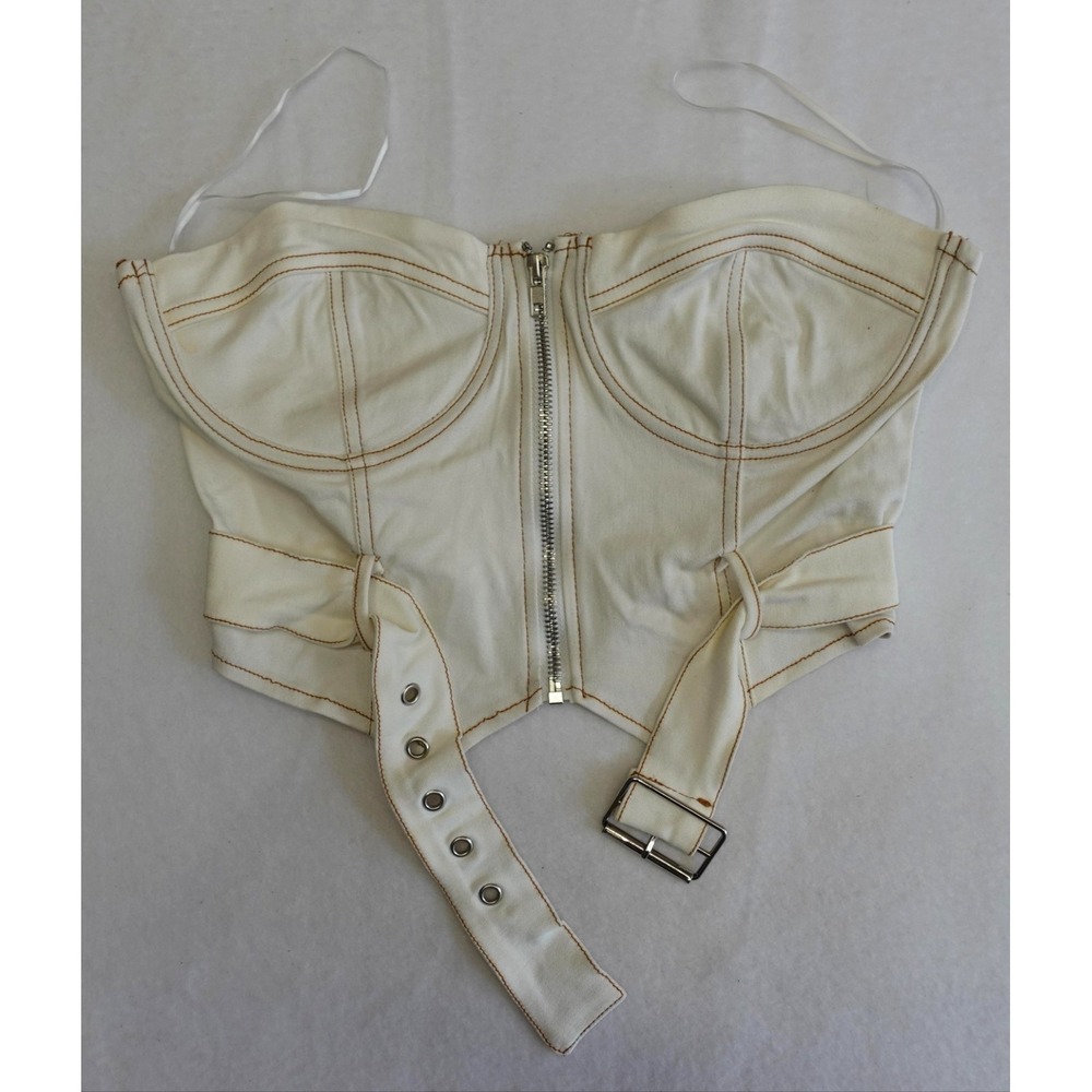 Fashion Nova Corset Top Womens XL White Buckle Up Denim Zip Front Belted Bustier